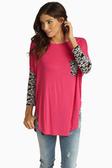 Fuchsia Black Damask Printed Sleeve Top