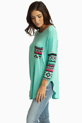 Aqua Tribal Printed Sleeve Top