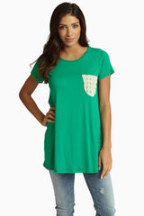 Emerald Crochet Pocket Short Sleeve Top