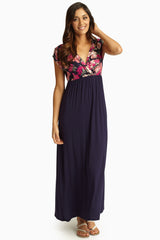 Pink Floral Navy Draped Top Maxi Dress