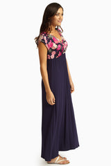 Pink Floral Navy Draped Top Maxi Dress