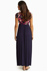 Pink Floral Navy Draped Top Maxi Dress