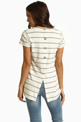 Ivory Grey Striped Button Back Short Sleeve Top