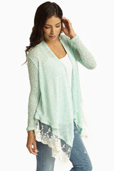 Mint Green Knit Lace Trim Cardigan