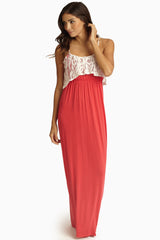 Coral Ivory Lace Overlay Maxi Dress