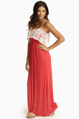 Coral Ivory Lace Overlay Maxi Dress