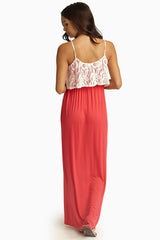 Coral Ivory Lace Overlay Maxi Dress