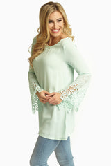 Mint Green Linen Crochet Trim Sleeves Bohemian Top