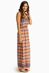 Orange Lace Floral Print Maxi Dress