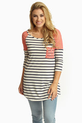 Coral Lace Shoulder Striped Top