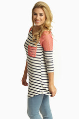 Coral Lace Shoulder Striped Top