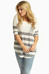 Charcoal White Striped Tribal Pocket Knit Top