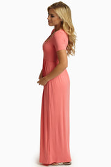 Pink Solid Short Sleeve Maxi Dress