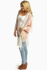 Coral Aqua Printed Linen Tassel Trim Open Cardigan