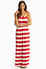 Red White Striped Strapless Maxi Dress