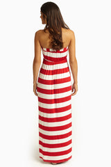 Red White Striped Strapless Maxi Dress