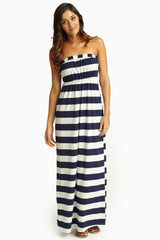 Navy Blue White Striped Strapless Maxi Dress