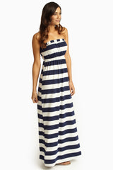 Navy Blue White Striped Strapless Maxi Dress