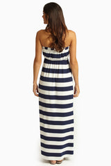 Navy Blue White Striped Strapless Maxi Dress