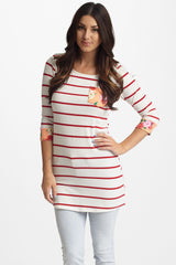 Red Striped Floral Accent 3/4 Sleeve Top