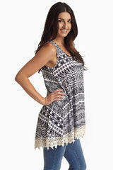 Black White Tribal Crochet Trim Tank Top