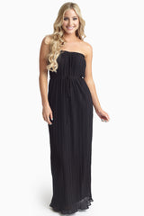 Black Pleated Chiffon Strapless Maxi Dress