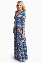 Blue Red Tribal Draped 3/4 Sleeve Maxi Dress