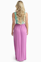 Magenta Mint Green Striped Bottom Colorblock Maxi Dress