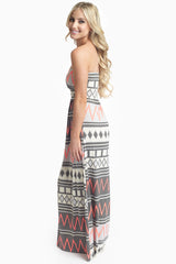 Grey Pink Chevron Tribal Printed Strapless Maxi Dress