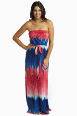 Navy Fuchsia Printed Sash Tie Strapless Maxi Dress