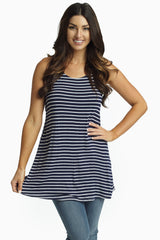 Navy Blue Striped Crochet Back Tank Top