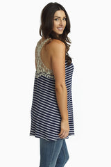 Navy Blue Striped Crochet Back Tank Top