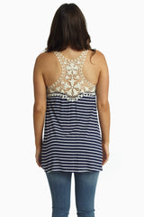 Navy Blue Striped Crochet Back Tank Top