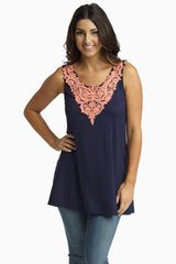 Navy Blue Coral Crochet Neck Tank Top