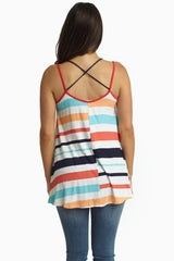 Coral Multi-Color Striped Cross Back Tank Top