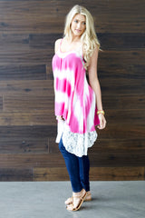 Fuchsia Tie Dye Lace Accent Tank Top