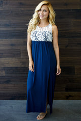 Navy Blue Lace Top Maxi Dress