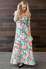 Aqua Neon Floral Draped 3/4 Sleeve Maxi Dress