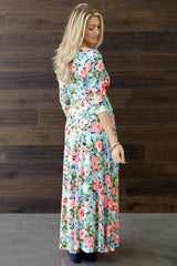 Aqua Neon Floral Draped 3/4 Sleeve Maxi Dress