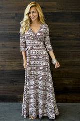 Burgundy Tribal Printed 3/4 Sleeve Maxi Dress