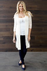 Ivory Lace Accent Short Sleeve Long Cardigan