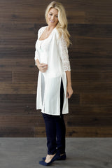 Ivory Lace Accent Short Sleeve Long Cardigan