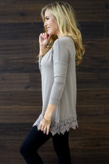 Taupe Crochet Trim 3/4 Sleeve Top