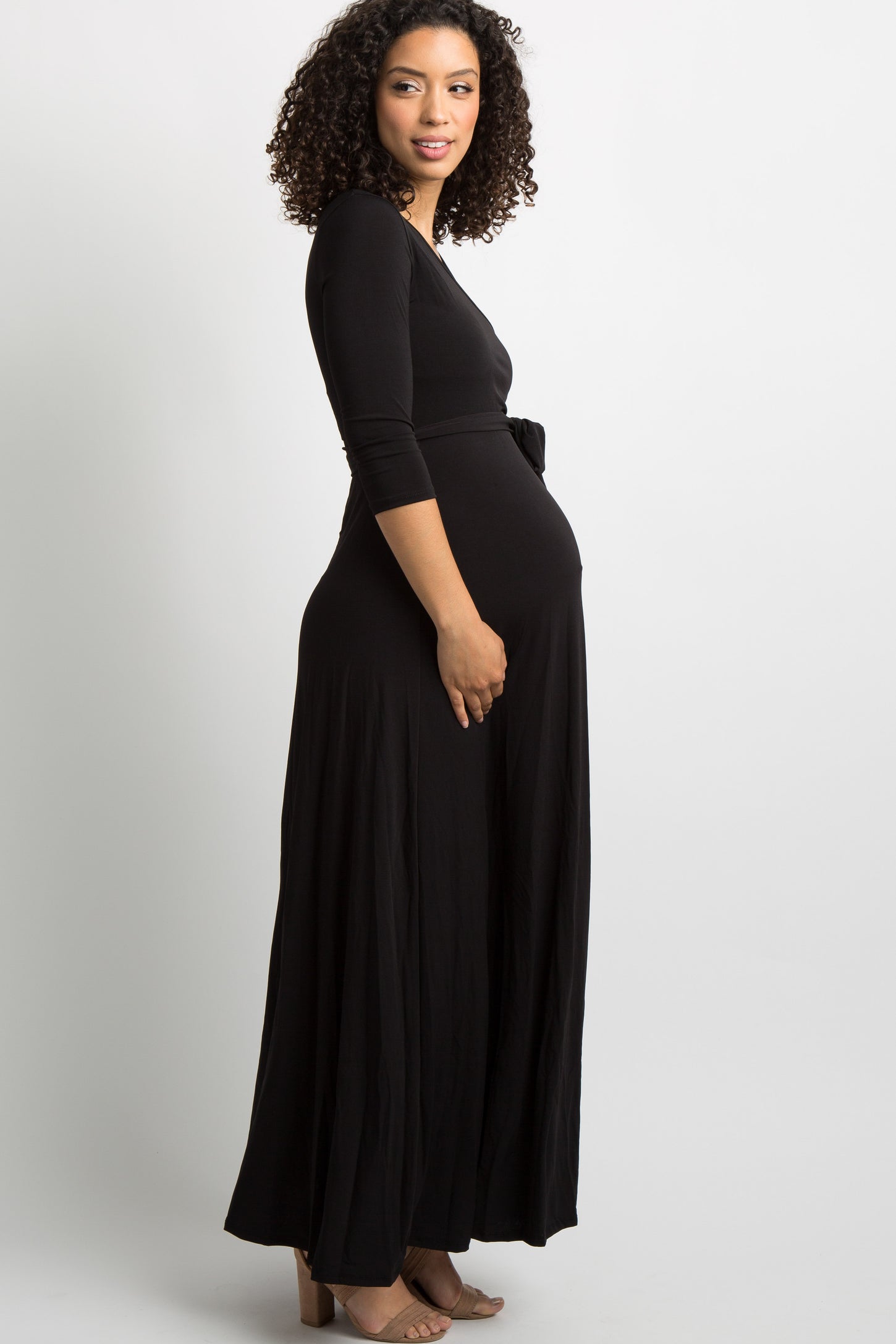 Black Solid Sash Tie Maternity Maxi Dress