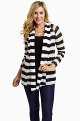 Black White Striped Knit Cardigan