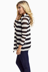 Black White Striped Knit Cardigan