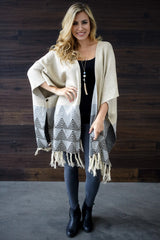 Beige Chevron Border Fringe Knit Cardigan