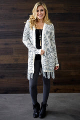 Ivory Blue Printed Fringe Knit Cardigan