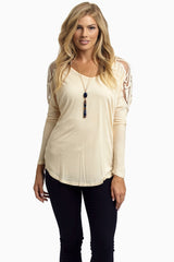 Beige Embroidered Mesh Back Top