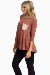 Rust Soft Knit Crochet Pocket Top